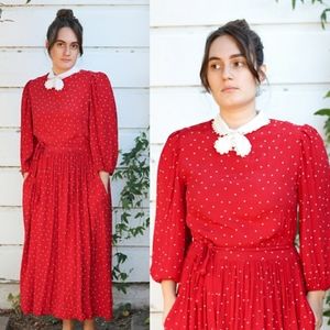 Vintage 1980s Red Print Dress Peter Pan Collar